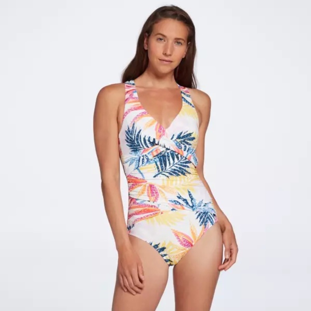 CALIA Women's Sculpt Wrapped One Piece Swimsuit Watercolor Palm Multi color